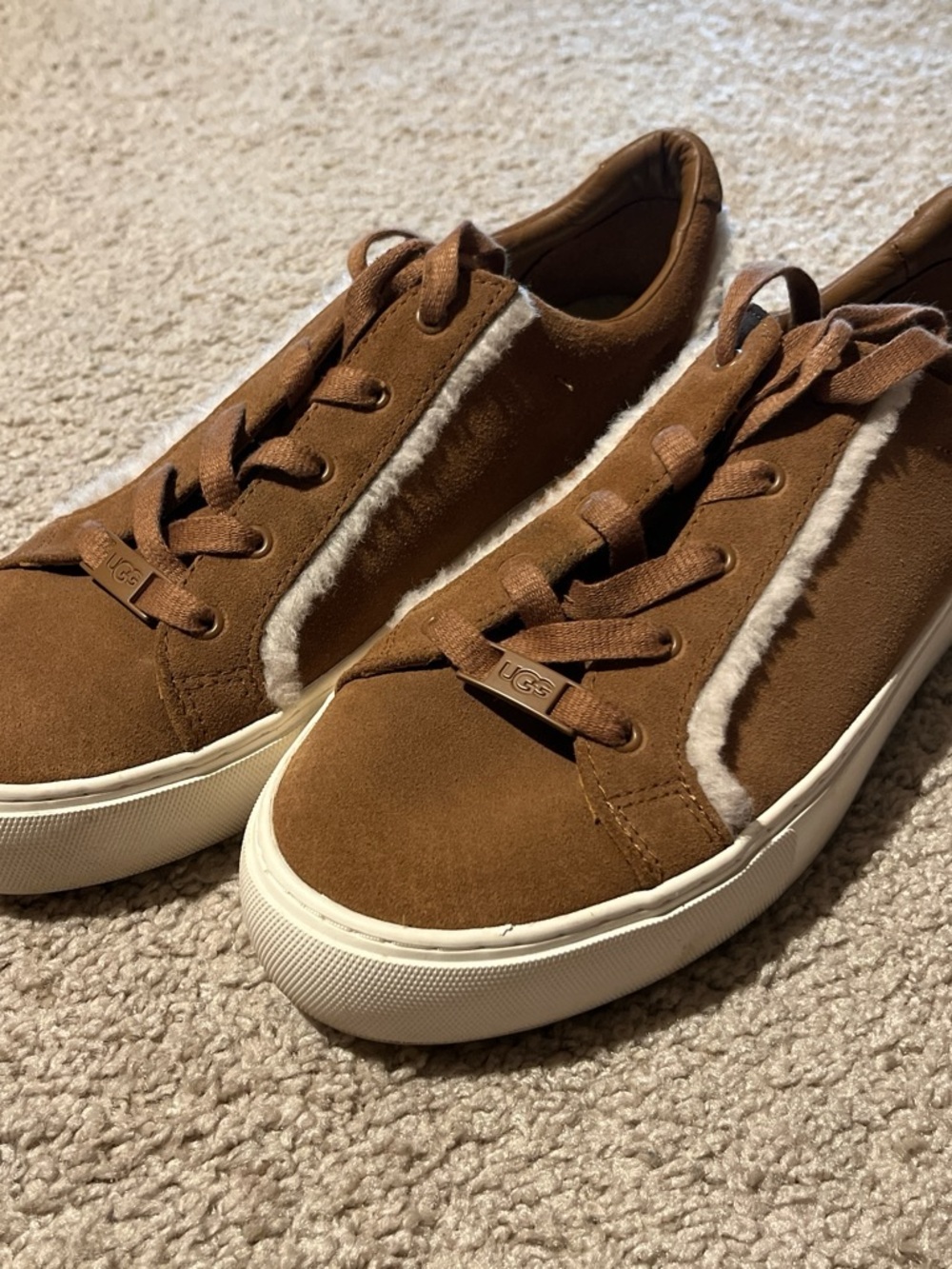 UGG Chestnut Suede Low-Top Sneakers with Shearling Accent